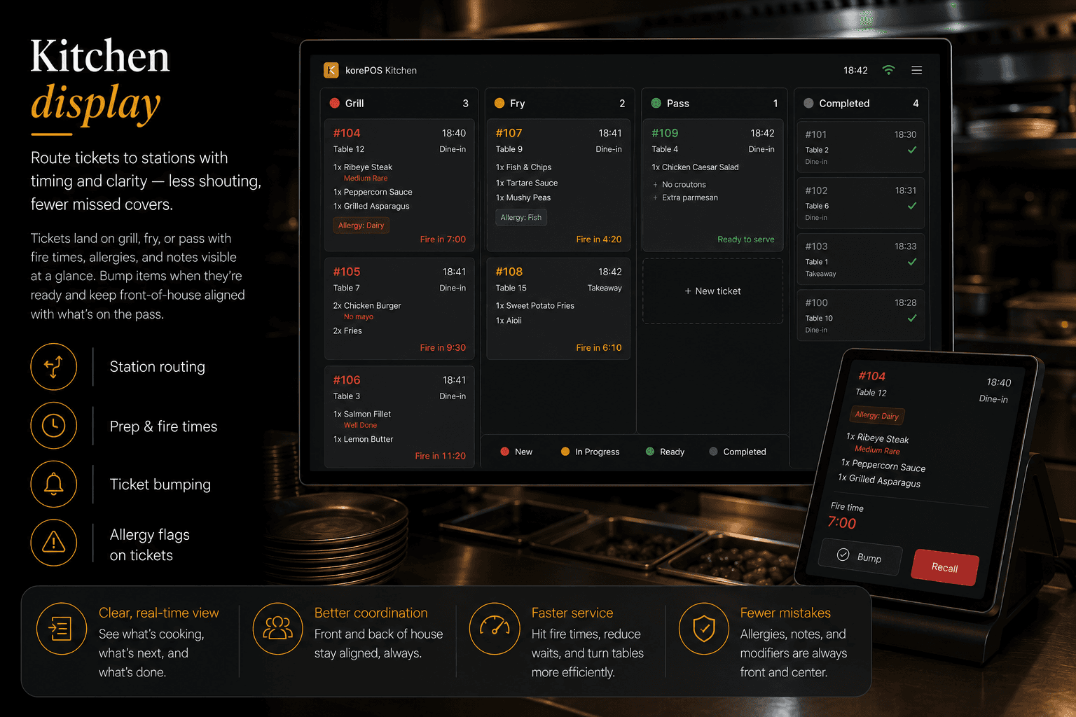 KorePOS Pro kitchen display system with live tickets