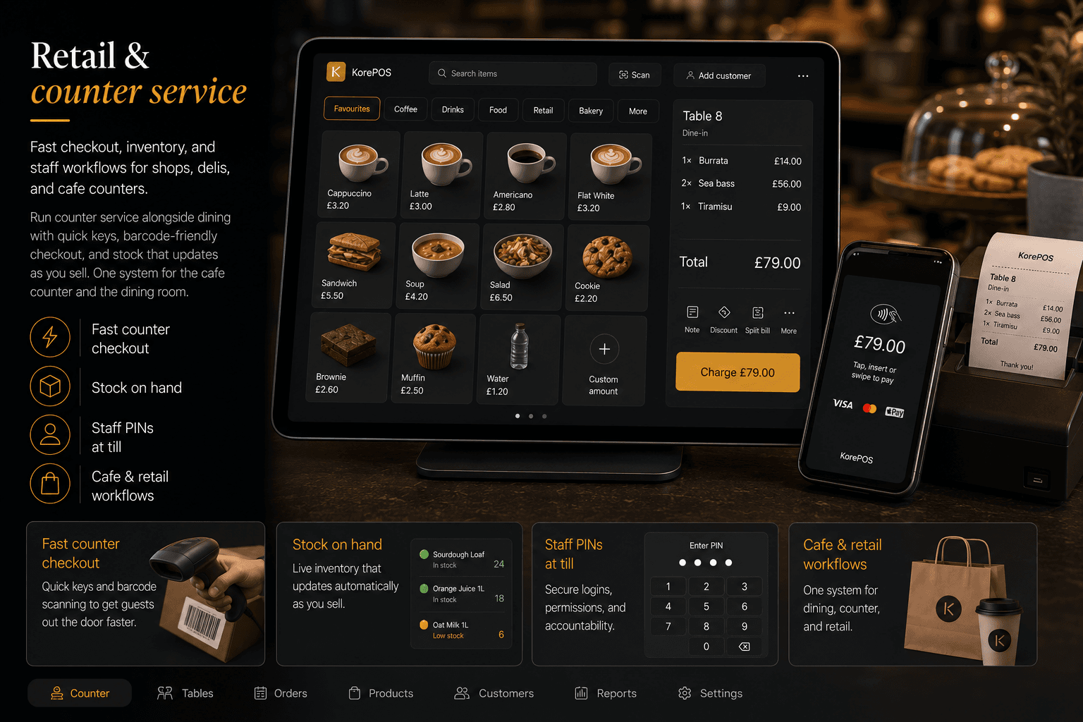 KorePOS Pro retail and counter service checkout