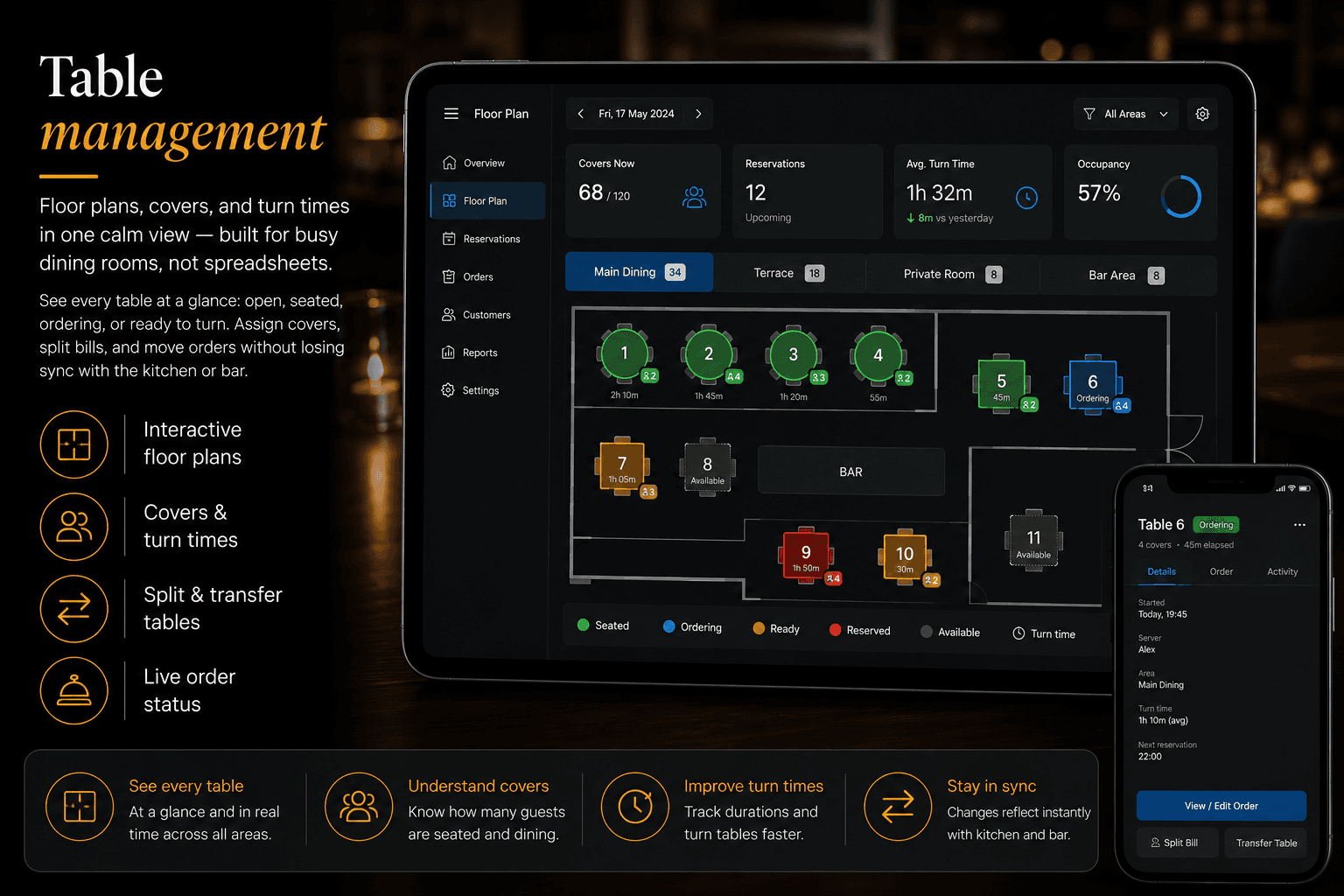 KorePOS Pro table management and floor plan view
